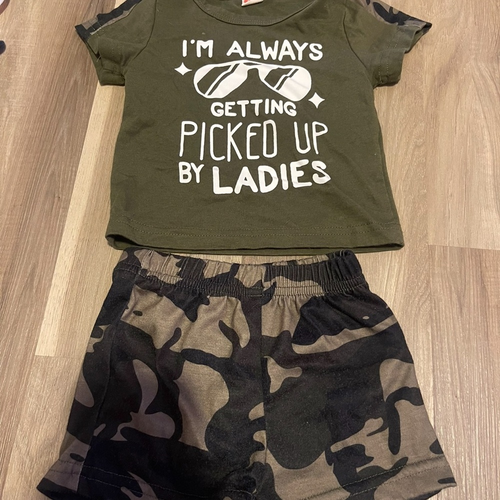 Green Graphic Tee and Camo Shorts Set